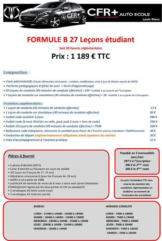 FORMULE B 27 LEÇONS étudiant 20H L.B