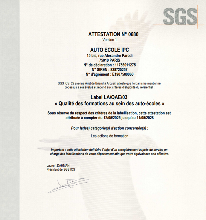 Attestation auto-école